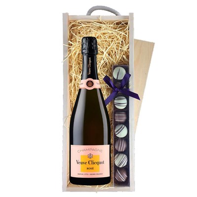 Veuve Clicquot Rose Label 75cl & Truffles, Wooden Box